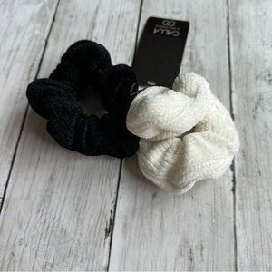 NEW WITH TAGS CALIA SET OF 2 FUZZY SCRUNCHIE HAIR TIES BLACK WHITE